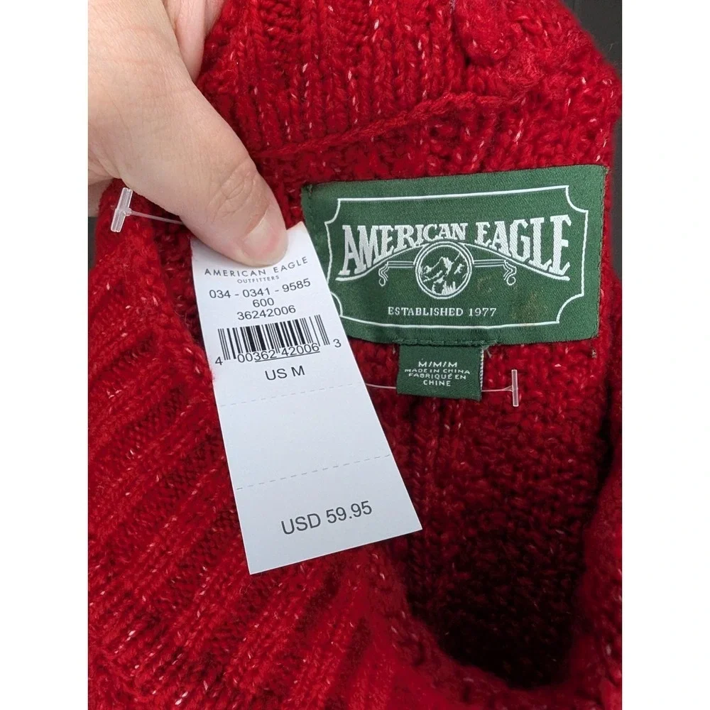 American Eagle Red Chunky Knit Soft Cozy Mock Neck Mixed Stitch Sweater Medium - Picture 8 of 10